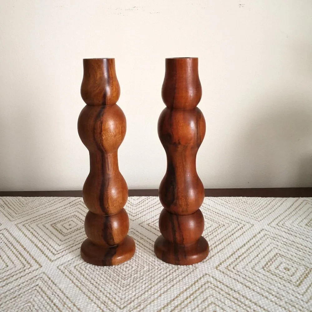 Pair‎ of Hearth & Hand Magnolia Joanna Gaines Wood Hand Turned Candleholders 9